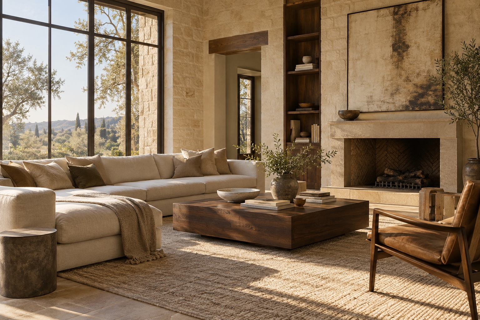 Sunlight across a generous linen sofa and walnut coffee table in a warm stone living room