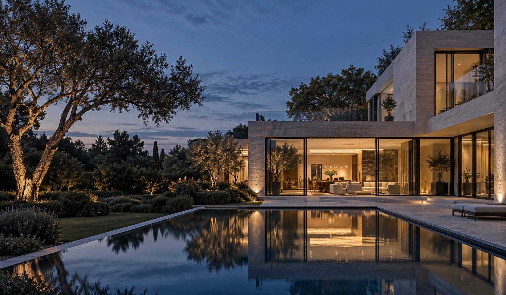 A contemporary stone residence, warm windows reflected in a still pool at dusk